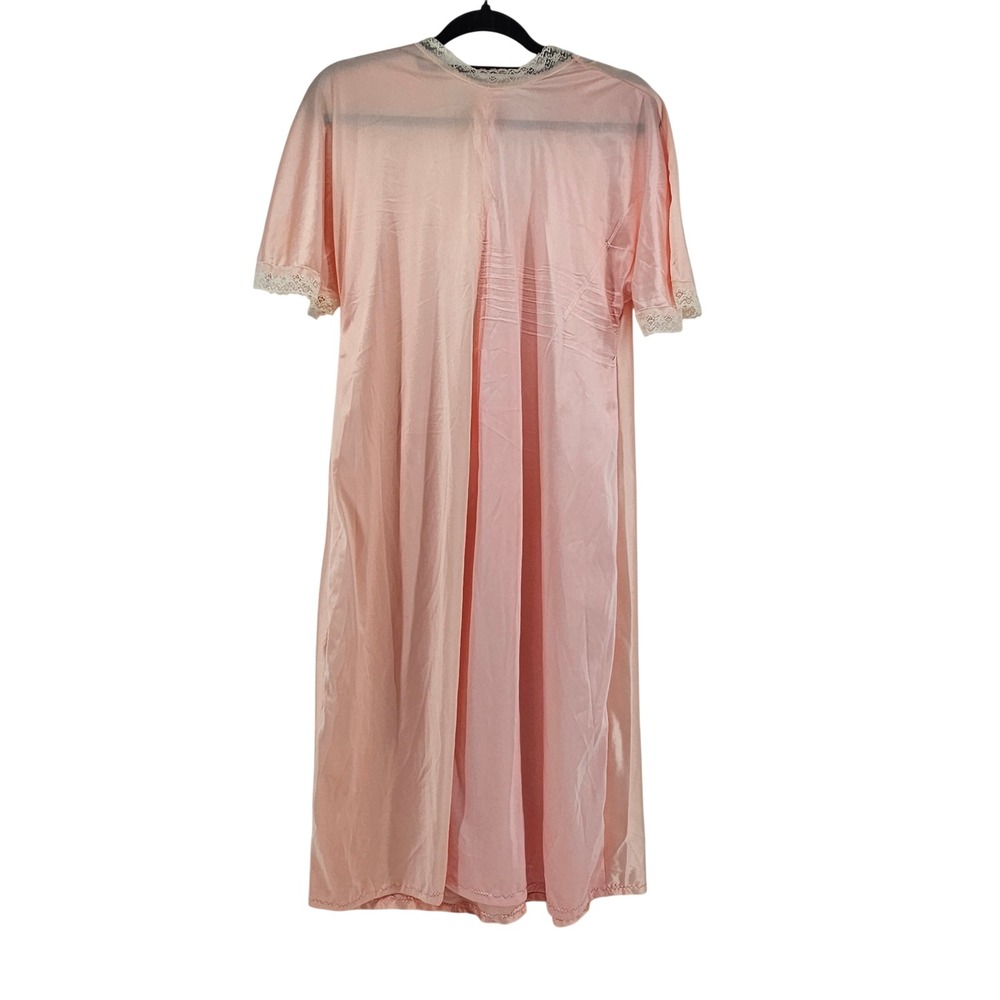 Vintage 70s Peach Pink Lace Trim Short Sleeve Midi Nightgown Sleepwear Coquette